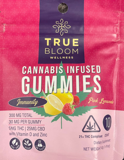 True Bloom Wellness Gummy - Pink Lemonade Immunity - 10 Pack - 50MG THC 250MG CBD