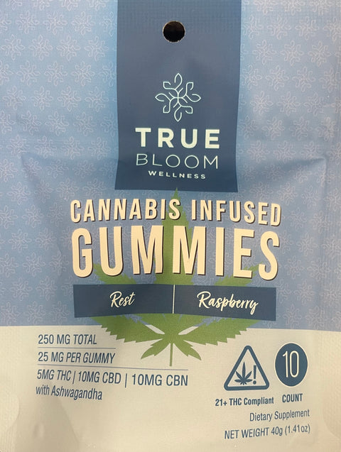 True Bloom Wellness Gummy - Raspberry Rest - 10 Pack - 50MG THC 100 MG CBD 100 MG CBN