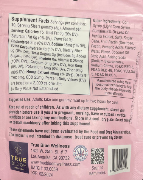 True Bloom Wellness Gummy - Pink Lemonade Immunity - 10 Pack - 50MG THC 250MG CBD