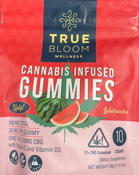 True Bloom Wellness Gummy - Watermelon Uplift - 5MG THC 25MG CBG