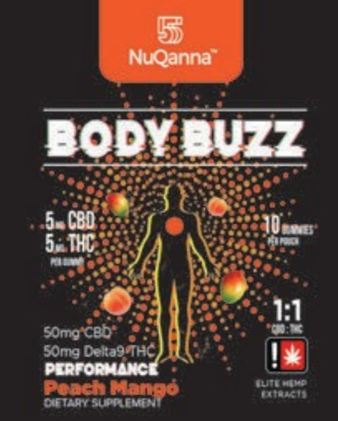 NuQanna Body Buzz Performance Gummy - Peach Mango - 10 Pack - 50MG CBD 50MG THC