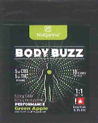 NuQanna Body Buzz Performance Gummy - Green Apple - 10 Pack - 50MG CBD 50MG THC