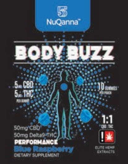NuQanna Body Buzz Performance Gummy - Blue Raspberry - 10 Pack - 50MG CBD 50MG THC