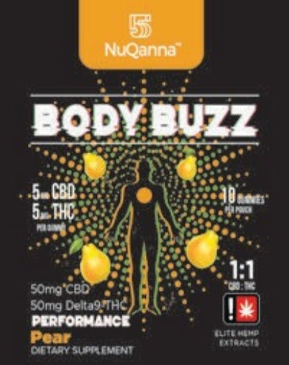 NuQanna Body Buzz Performance Gummy - Pear - 10 Pack - 50MG CBD 50MG THC