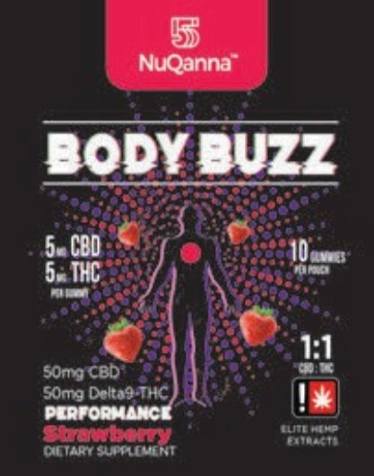 NuQanna Body Buzz Performance Gummy - Strawberry - 10 Pack - 50MG CBD 50MG THC