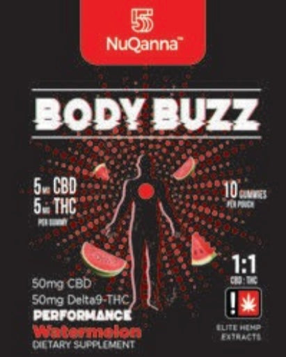 NuQanna Body Buzz Performance Gummy - Watermelon - 10 Pack - 50MG CBD 50MG THC